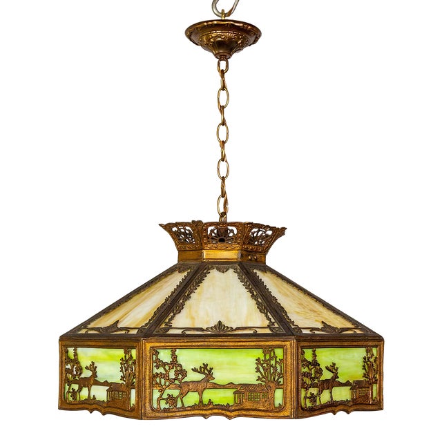 Early 20th Century Pale Green-Amber Slag Glass Pendant Light With Scenic Trim For Sale