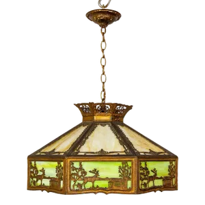 Early 20th Century Pale Green-Amber Slag Glass Pendant Light With Scenic Trim