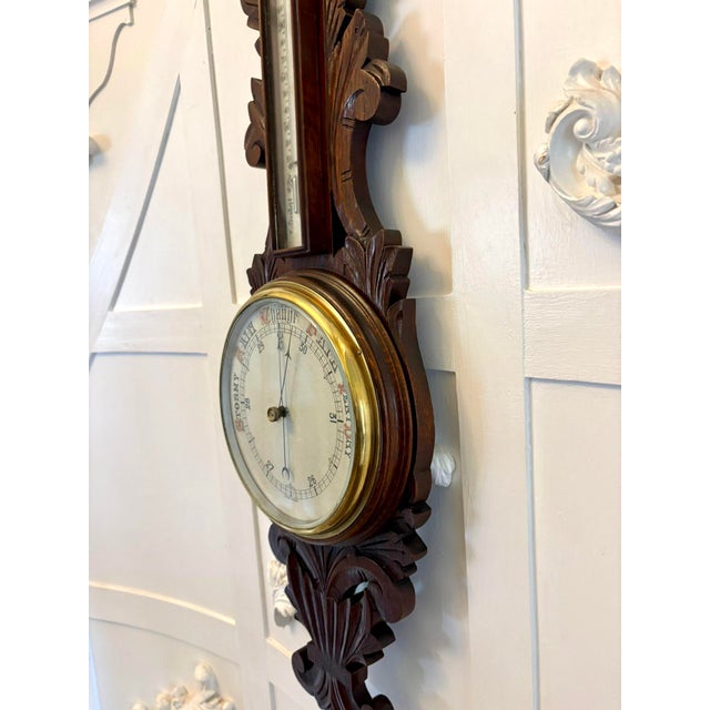 Antique Carved Oak Aneroid Barometer with Thermometer, 1890 For Sale - Image 3 of 11