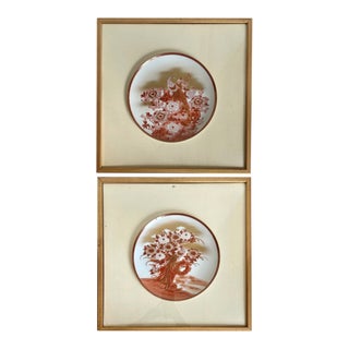 Pair of Framed Antique Kutani Japanese Peacock Plates For Sale