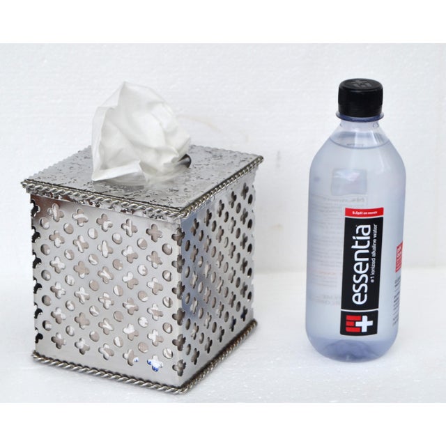 1980s Bohemian Handmade Embellished Cutout Steel Tissue Box Cover For Sale - Image 9 of 16