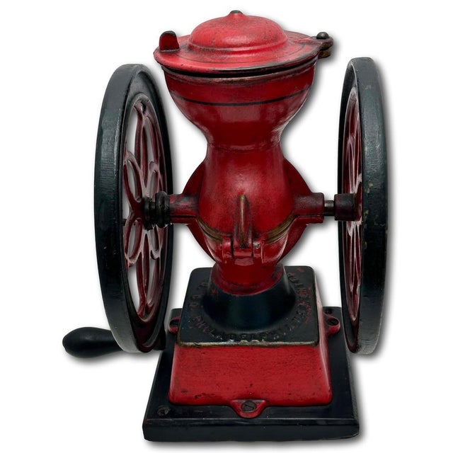 Ruby Red Rare Small 12.75 Inch Tall Antique Enterprise Philladelphia MFG Co. #2 Cast Iron Hand Crank Coffee Grinder in Excellent Original Paint. For Sale - Image 8 of 18