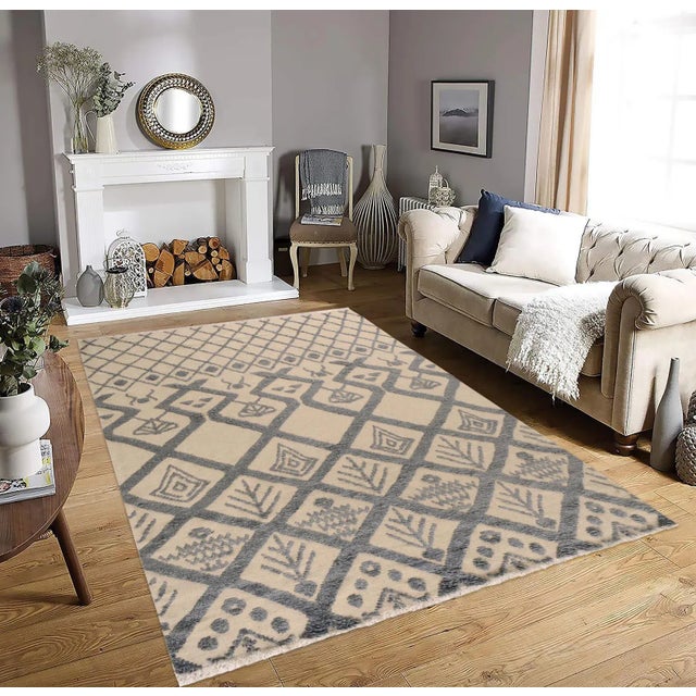 Gray 1990s 1990s Abstract Moroccan High-Low Ivory/Blue Wool Rug - 8'1'' X 10'9'' For Sale - Image 8 of 8