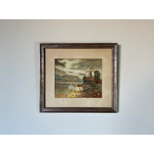 70's Vintage A. F. Drexon Landscape Cottage Windmill at the Riverside Watercolor Painting For Sale - Image 12 of 12