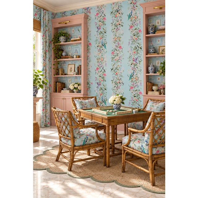 Not Yet Made - Made To Order Mahjong Floral Stripe Grasscloth Wallpaper by House Party | Bam Blue | 6 Yards For Sale - Image 5 of 11