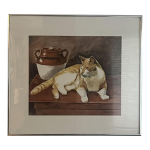 1990s Sig Gruenwald Watercolor Painting of a Cat, Framed