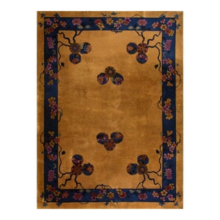 1920s Goldenord Floral Medallions Antique Chinese Art Deco Carpet 9' X 11' 7" Knotted Wool Rug For Sale