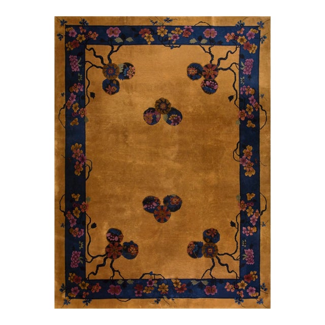 1920s Goldenord Floral Medallions Antique Chinese Art Deco Carpet 9' X 11' 7" Knotted Wool Rug For Sale