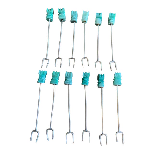 Vintage Hand Made Jade & Silver Cocktail Picks - Set of 12 for Charcuterie, Palm Beach Regency, Tiki Bar, Luau & Exotic Entertaining For Sale