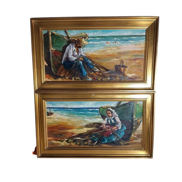 Marine Landscapes with Fishermen, 1920s, Oil on Canvas Paintings, Framed, Set of 2, in Very Good conditions. Designed 1920...