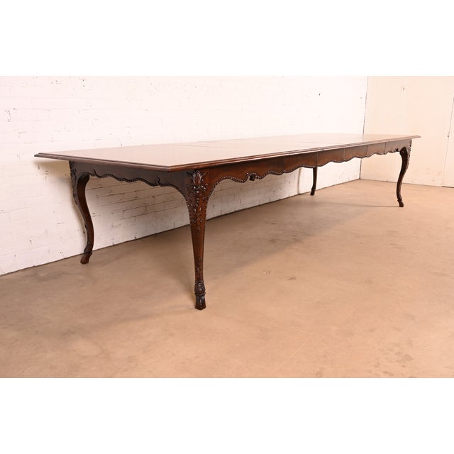 Baker Furniture Italian Provincial Carved Cherry and Burl Wood Extension Dining Table, Newly Refinished For Sale In South Bend - Image 6 of 18