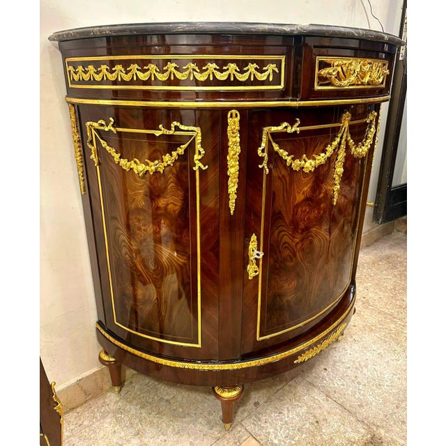 French Louis XVI Marble Top Demilune Sideboard Cabinet With Hand-Finished Gold Leaf & Premium Hardwood For Sale - Image 4 of 5