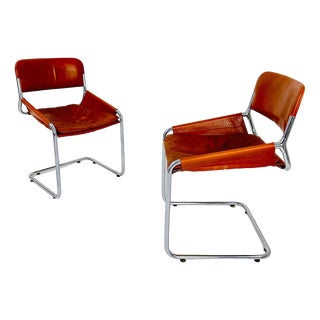 Italian Cognac Leather and Chrome Tubular Sling Chair, 1970s For Sale