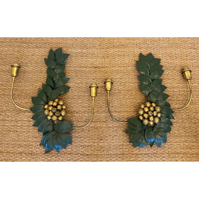 French Bronze and Brass Sculptural Grape/Lemon Leaf Wall Sconces For Sale - Image 3 of 12