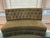 Custom Kravat fabric banquette slash loveseat with a curved back and tufted back tight seat with a fringed skirt. This...