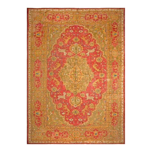1900s Green Red Animalistic Antique Turkish Oushak Rug 11' 8"x 16' 3" Handknotted Wool Carpet For Sale
