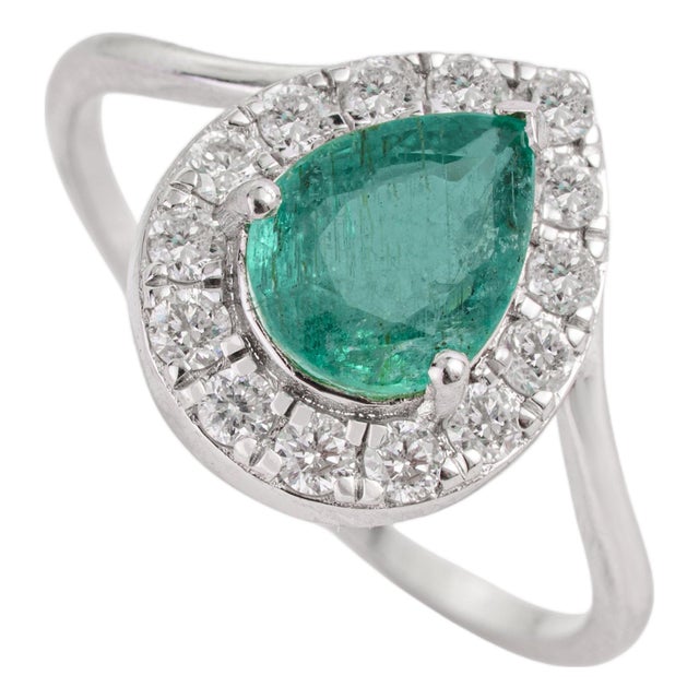 1.15ct Natural Pear-Cut Emerald Diamond Halo 14k Gold Statement Ring Size 4 For Sale