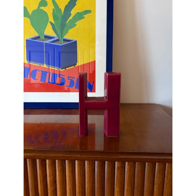Space Age Red H Letter Shaped Ceramic Solifleur Vase, Marcel Radureau Ca. 1970 For Sale - Image 12 of 13