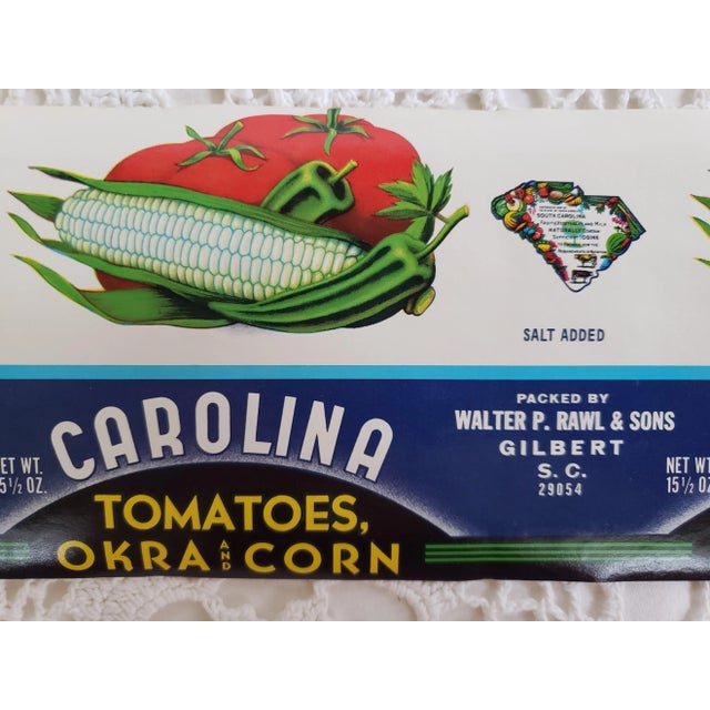 1940s 1940s Carolina Tomatoes Okra & Corn Can Label From Gilbert, South Carolina For Sale - Image 5 of 5