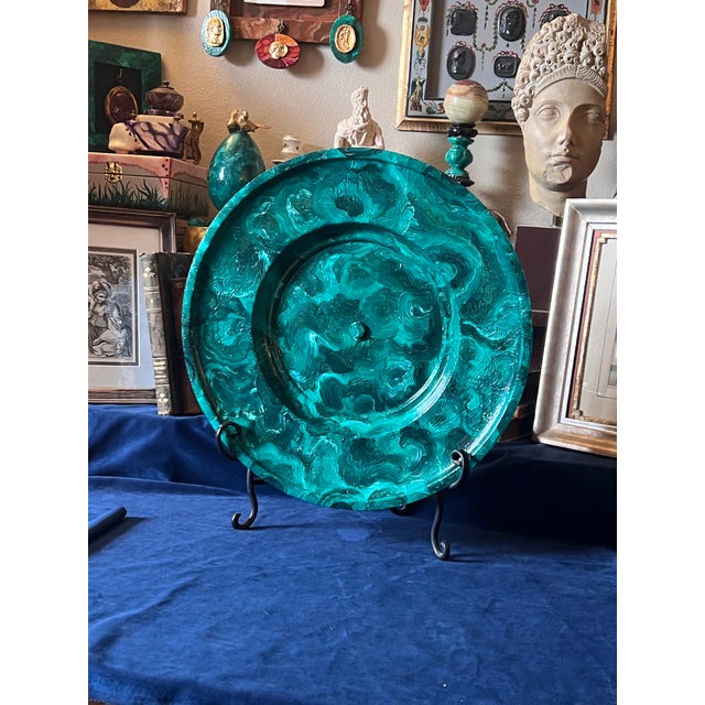 Large Art Deco Faux Malachite Painted Decorative Vintage Plate Charger on Stand For Sale - Image 10 of 10
