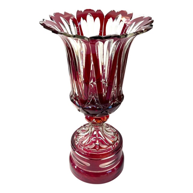 Monumental Bohemian Ruby Cut to Clear Crystal Flower Form Vase, Circa 1880 For Sale