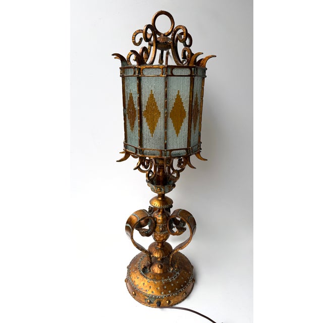 Mid-Century Modern Large Hammered Glass Wrought Iron Lantern Lamp by Longobard, Italy, 1970s For Sale - Image 3 of 13