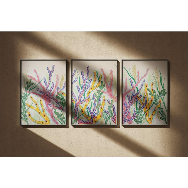 2026, Tropical Corals, Illustration Style Painting Triptych, Modern Seascape, Acrylic Paint on Watercolor Paper by Romina Milano For Sale - Image 9 of 11