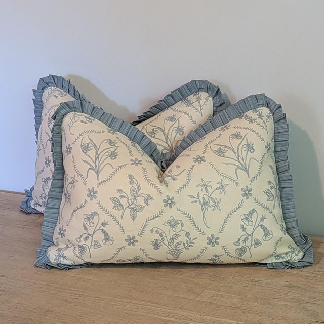Soane Britain Lucknawi Flower Lumbar Pillows With Blue Pleated Ruffle - Pair For Sale - Image 4 of 12