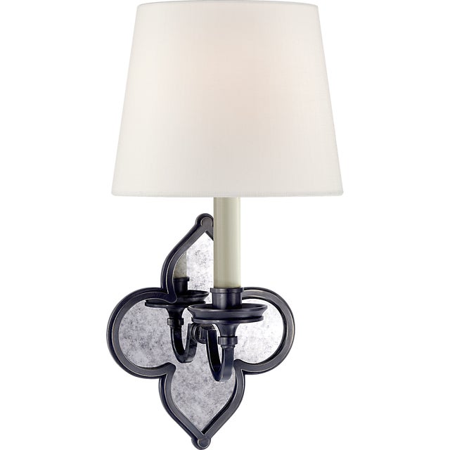 Alexa Hampton for Visual Comfort Signature Lana Single Sconce in Gun Metal and Antique Mirror with Linen Shade For Sale