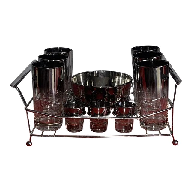 1960s Silver Fade Cocktail Bar Set Vitreon Queens Lusterware 14 Piece Caddy Set For Sale