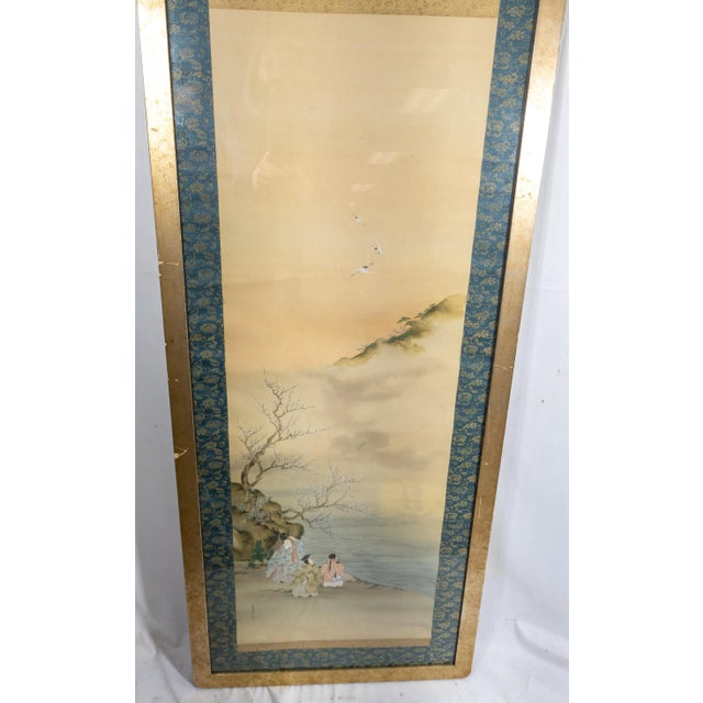 Japanese Early 20th Century Japanese Silk Scroll Painting of Figures on a Shore For Sale - Image 3 of 9