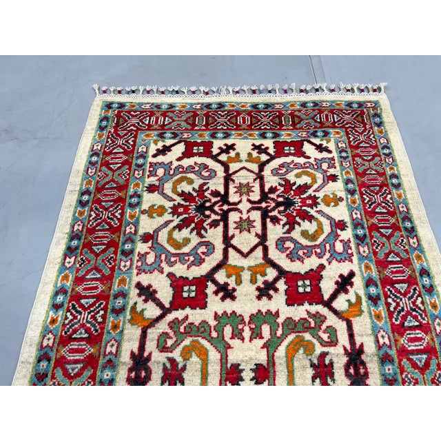 Cream and Red Kazak Wool Runner Rug, Tribal Hallway Rug, 2'8" X 8'9" For Sale - Image 12 of 16