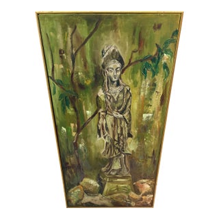 Mid 20th Century Modern Painting of a Guanyin Statue in Garden Setting Signed Lynn Morell For Sale