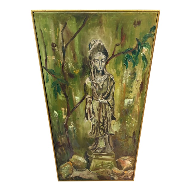 Mid 20th Century Modern Painting of a Guanyin Statue in Garden Setting Signed Lynn Morell For Sale