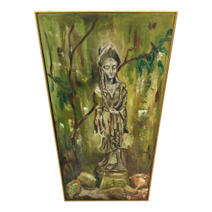 Mid 20th Century Modern Painting of a Guanyin Statue in Garden Setting Signed Lynn Morell