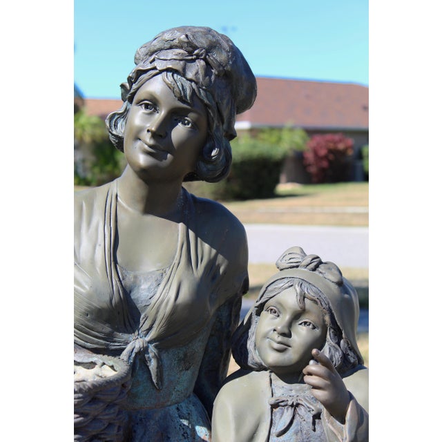 Vintage Life-Size Victorian Mother & Child Garden Sculpture With Bronze Faces, Hands & Upper Body – Garden Bench Statue With Basket Planter, 1980s For Sale - Image 4 of 18