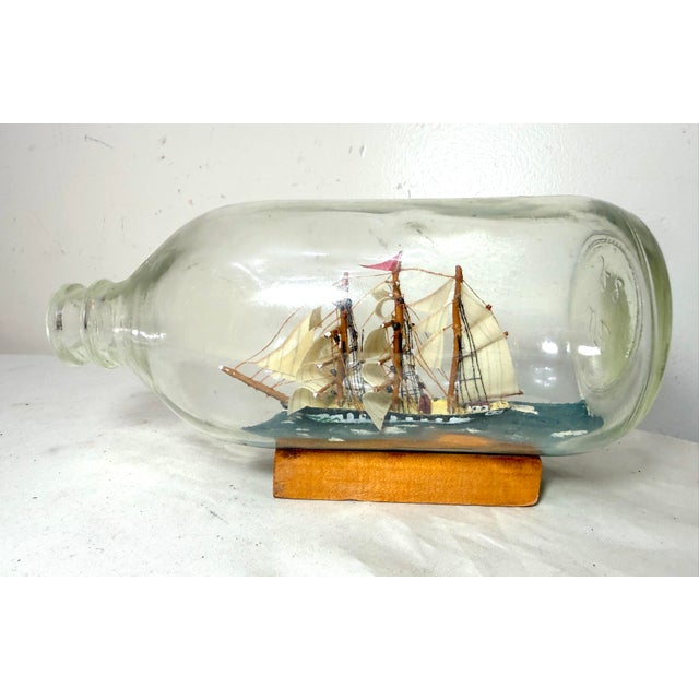 Nautical Vintage Handmade Nautical Wood Sail Ship Boat in Glass Bottle Model Sculpture For Sale - Image 3 of 14