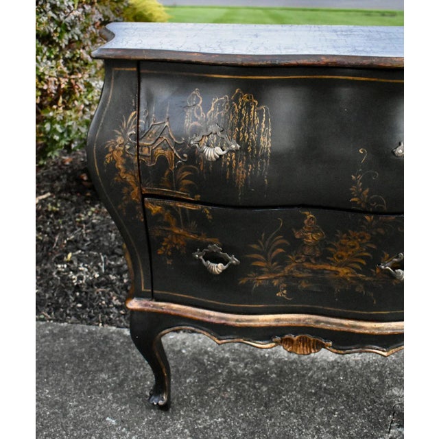 Antique Petite Bombe 2 Drawer Italian Chinoiserie Black Gold Commode For Sale - Image 9 of 13