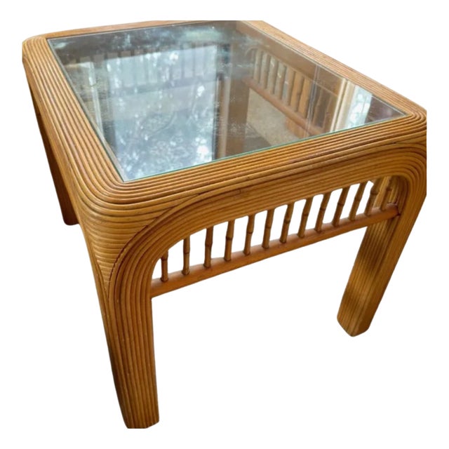 1960s Mid-Century Pencil Reed Rattan Side Table With Glass Top For Sale