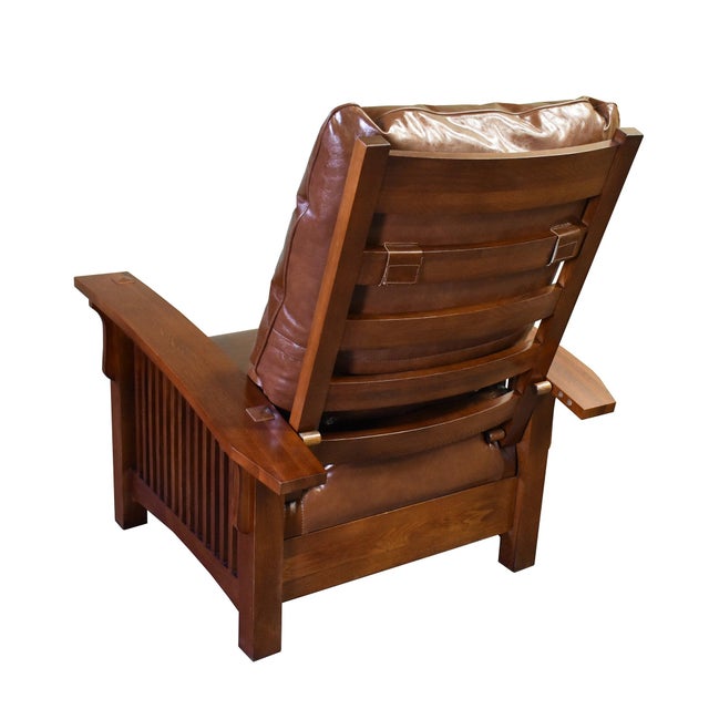 Craftsman / Mission Leather and Oak Morris Chair - Chestnut For Sale In Chicago - Image 6 of 7