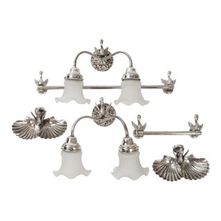 1950s Silver Plated Brass Swan Bathroom Accessories: 2 Wall Sconces, Brass Towel Rod Bar, Paper Holder, 2 Double Soap Dishes - Set of 6 For Sale