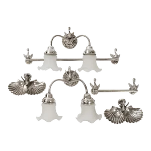 1950s Silver Plated Brass Swan Bathroom Accessories: 2 Wall Sconces, Brass Towel Rod Bar, Paper Holder, 2 Double Soap Dishes - Set of 6
