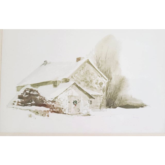 Late 20th Century Late 20th Century Art Print Landscape of Old Farm House in Snow With Wreath on Door For Sale - Image 5 of 10