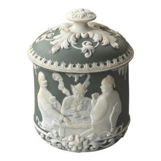 Antique Schafer & Vater Matte Sage Green & White Applied Relief Jasperware Style Lidded Jar For Sale