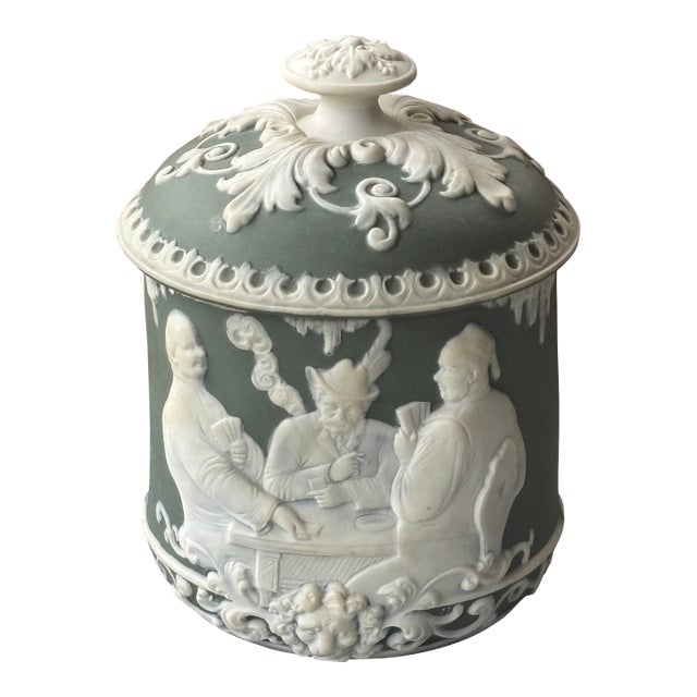 Antique Schafer & Vater Matte Sage Green & White Applied Relief Jasperware Style Lidded Jar For Sale
