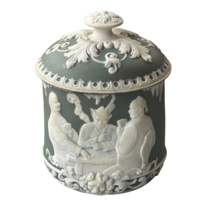 Antique Schafer & Vater Matte Sage Green & White Applied Relief Jasperware Style Lidded Jar