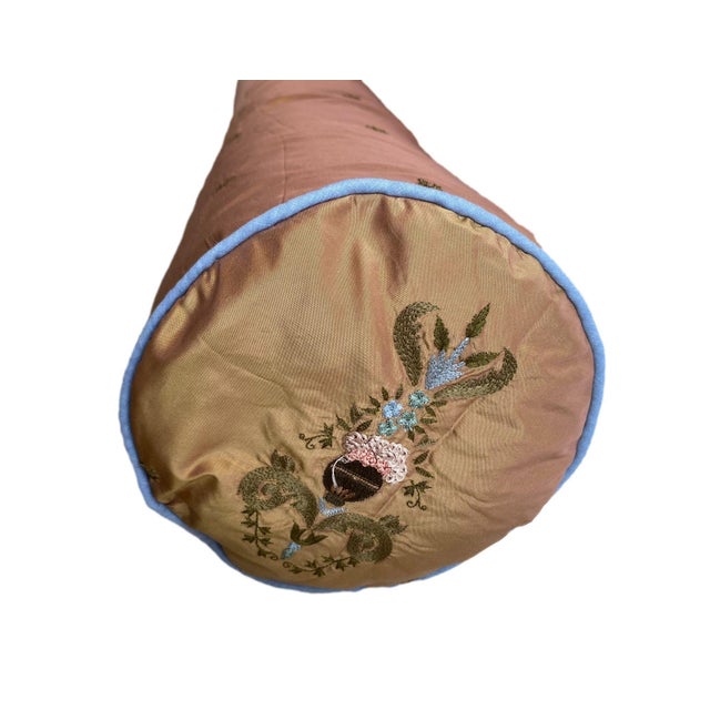 Contemporary Reflective Golden Embroidered Bolster Pillow For Sale - Image 3 of 5