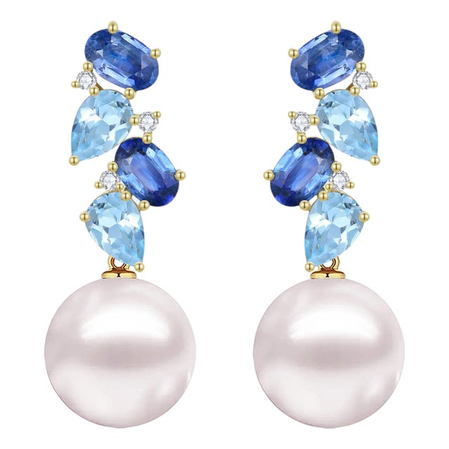 Nina Zhou Nosa Sapphire, Aquamarine and Diamond Pearl Drop Earrings in 14k Yellow Gold- 2 Pieces For Sale