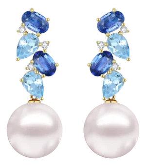 Nina Zhou Nosa Sapphire, Aquamarine and Diamond Pearl Drop Earrings in 14k Yellow Gold- 2 Pieces
