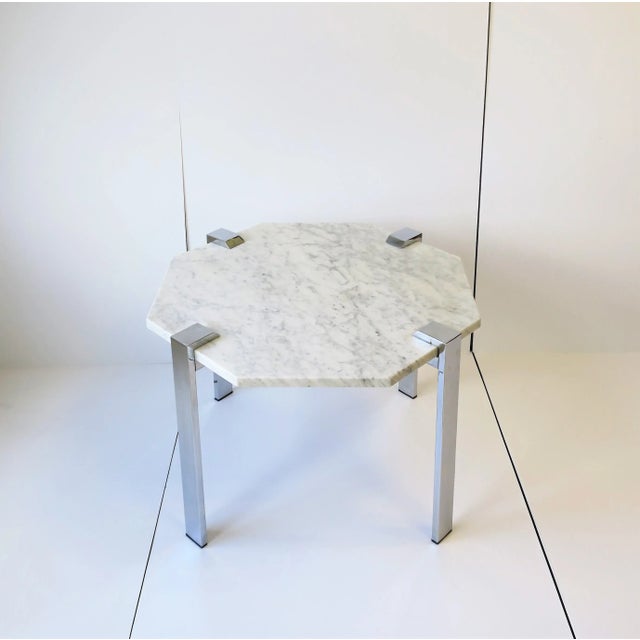 An Italian '70s modern or postmodern [Post-Modern] chrome and Carrara marble side, end, or coffee/cocktail table from...